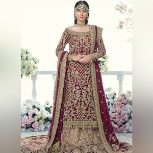 Sara Rohale Asghar Pakistani designer bridal maroon sharara outfit